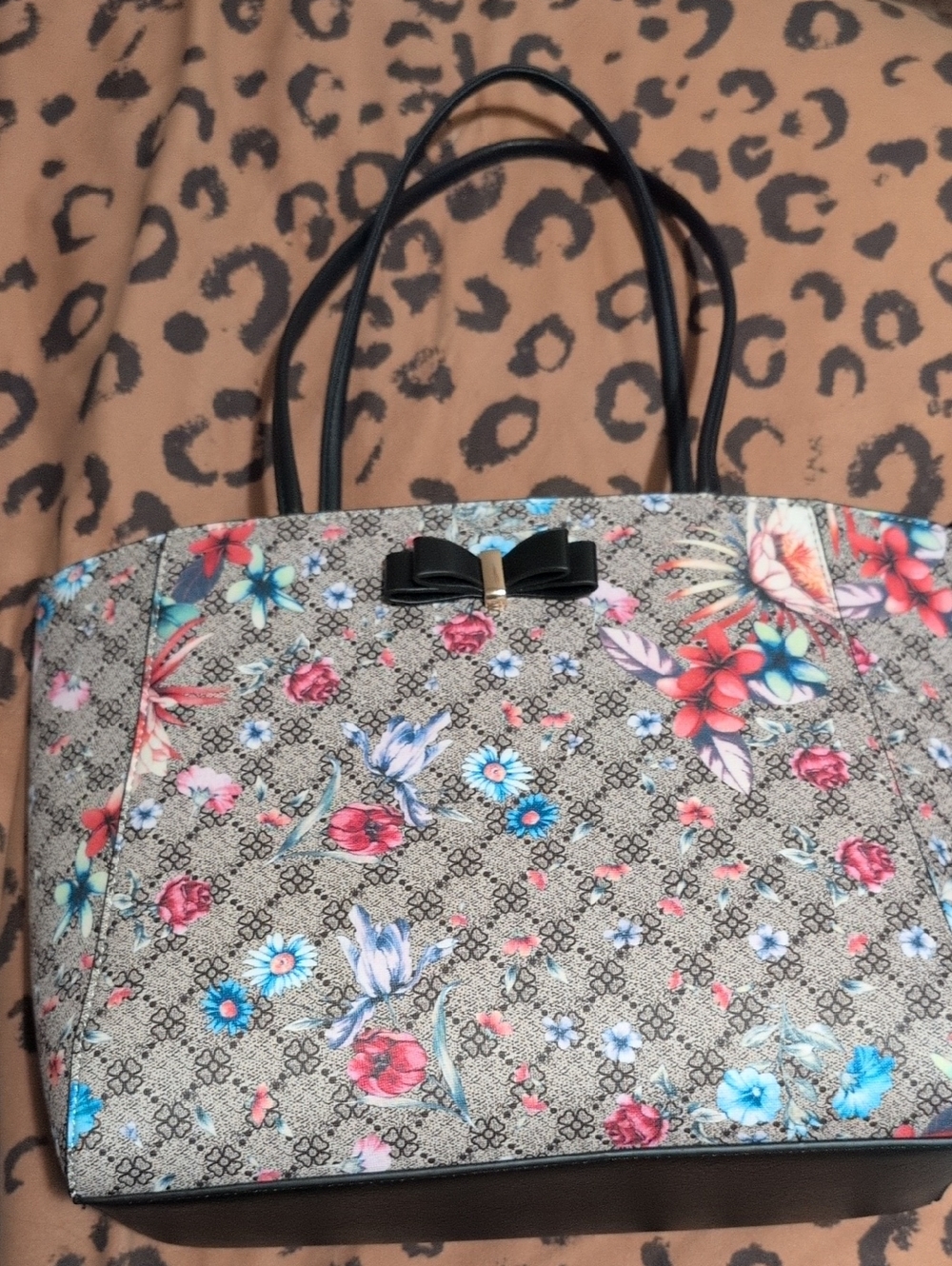 Floral Print Tote Bag with Bow Accent - Black Trim